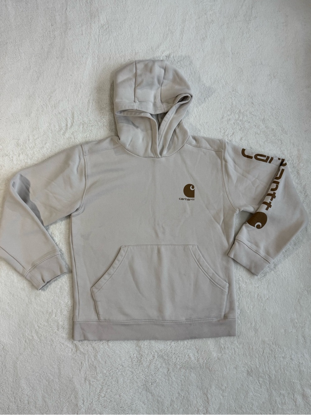 Carhartt Youth L 14-16 Cream Hoodie Brown Sleeve Logo TS6296-B